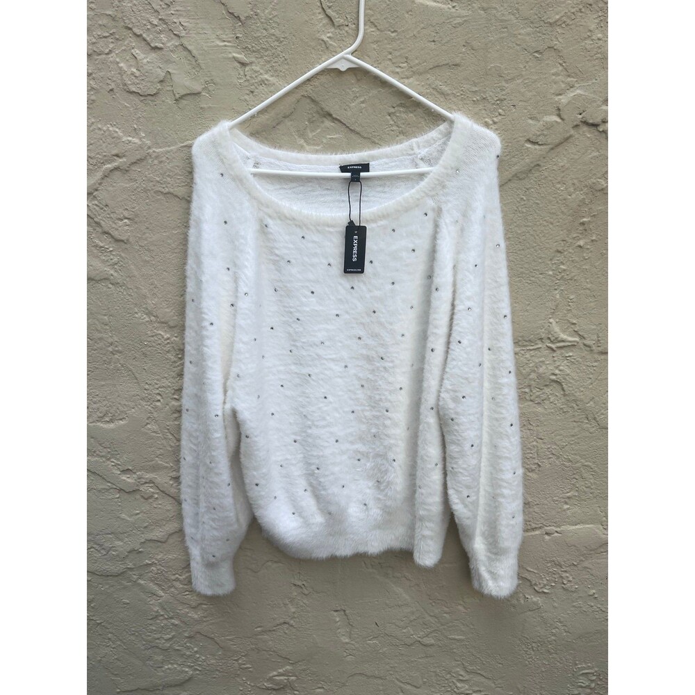 Sweater new with tags fuzzy white rhinestone sz L